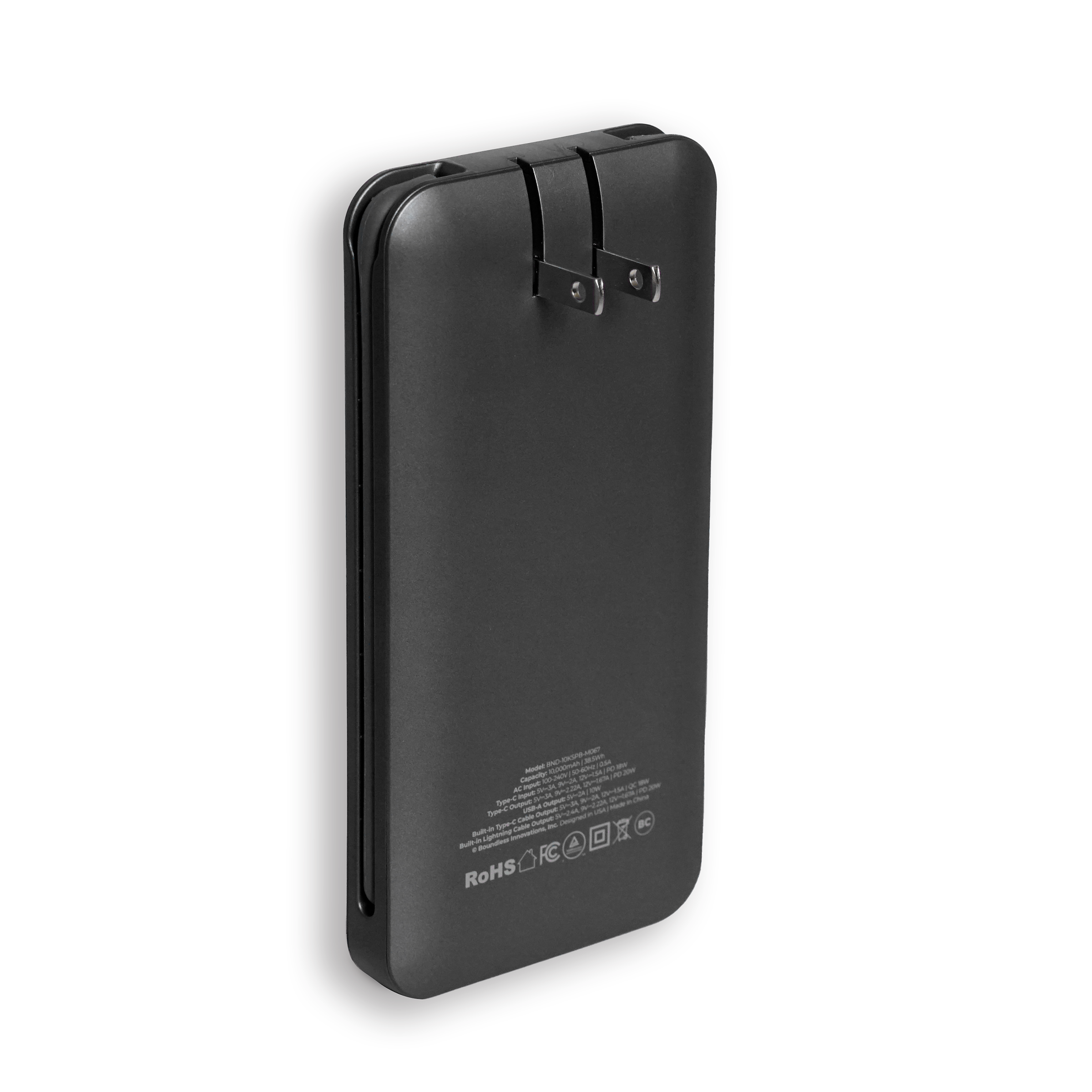 10,000mAh Slim Power Bank with Built-In Cables & AC Plug