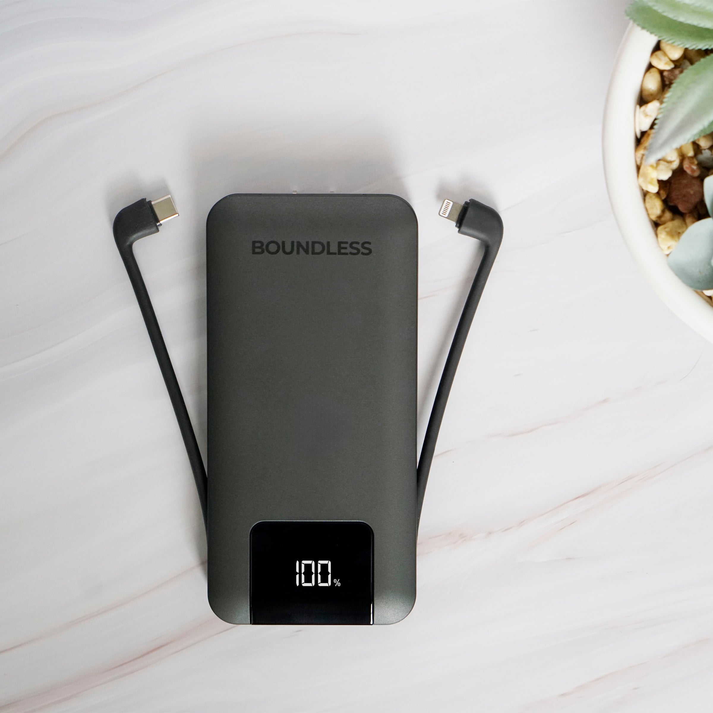 10,000mAh Slim Power Bank with Built-In Cables & AC Plug