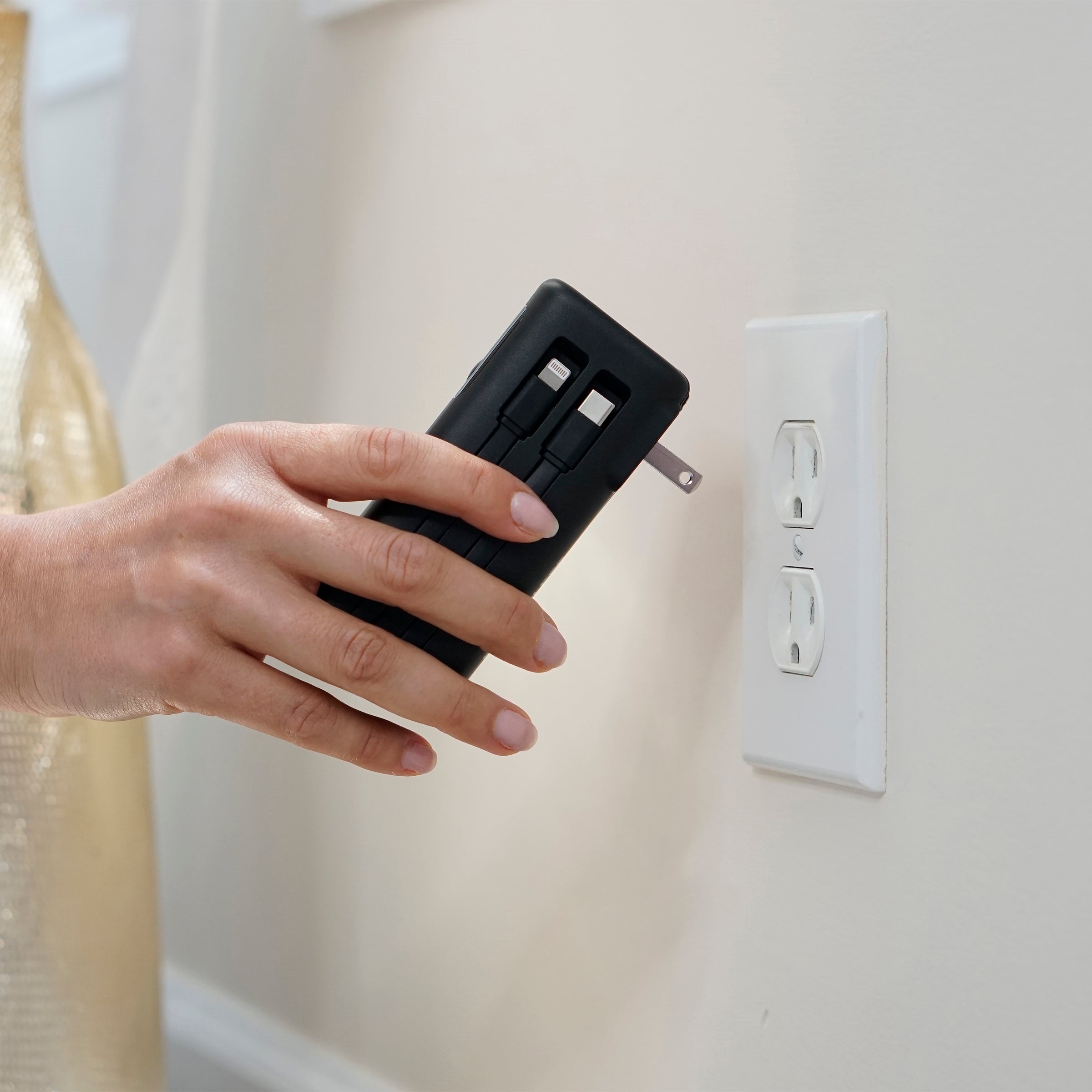 10,000mAh Handheld Power Bank with Built-In Cables & AC Plug