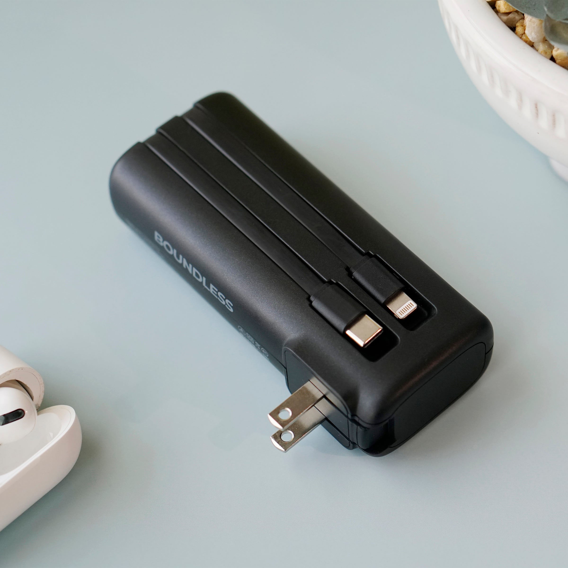 10,000mAh Handheld Power Bank with Built-In Cables & AC Plug